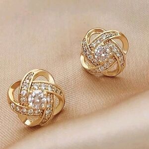 Elegant Gold Knot Earrings With Crystal Diamonds